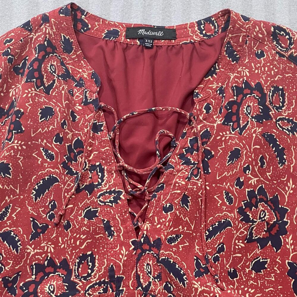 Madewell Silk Baby Doll Dress Assam Floral Red Blue Boho Lace-up Neck Size XXS - Picture 4 of 9